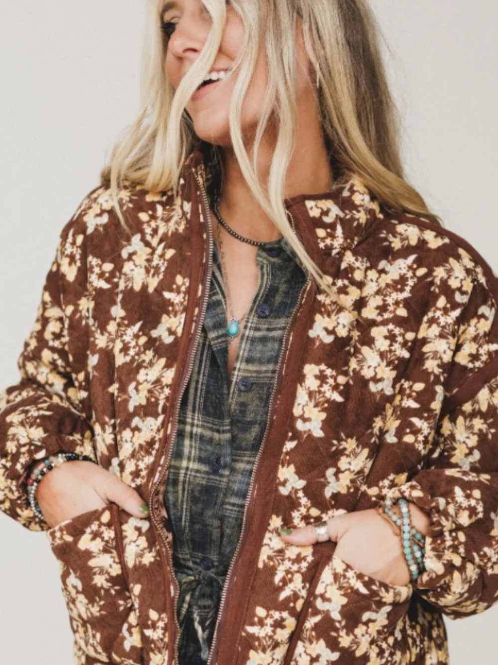 NWT Women's Brown Floral Quilted Bomber Jacket - Cozy Floral Print